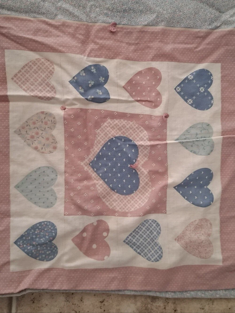 Vintage Quillow Handmade Pillow Lap Quilt 90s Cottagecore Hearts Houses Grandma